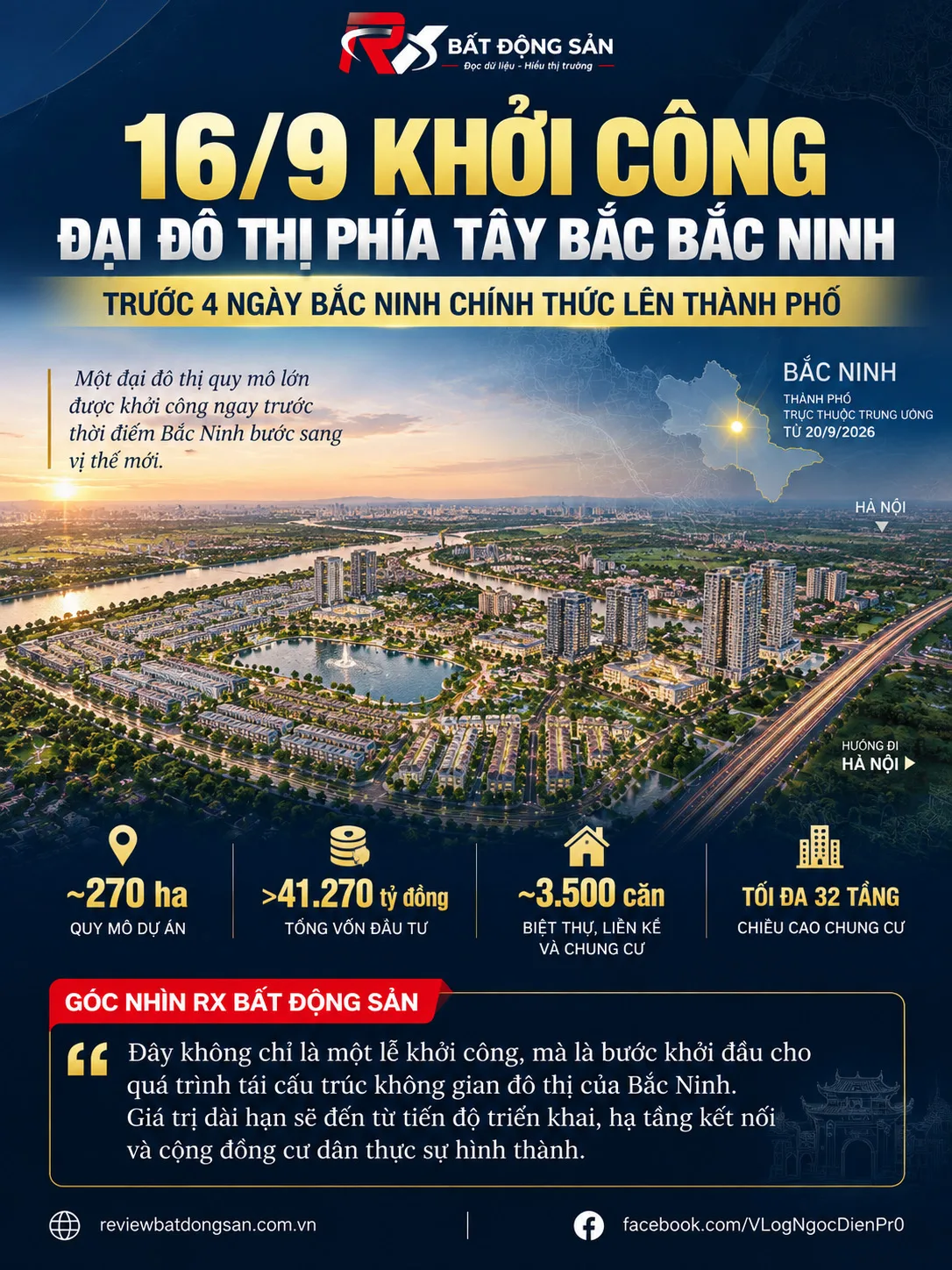 Đại đô thị phía Tây Bắc Bắc Ninh dự kiến khởi công 16/9, trước 4 ngày thành phố trực thuộc Trung ương chính thức thành lập
